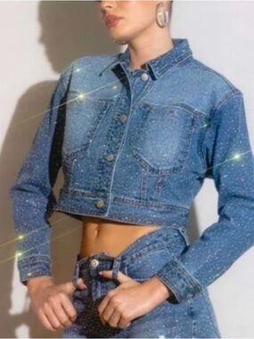 Vibrant Blue Sparkle Cropped Denim Jacket